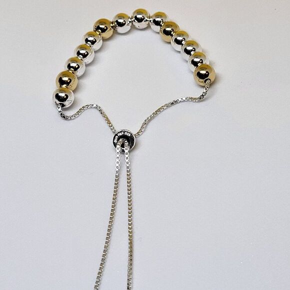 Jade, New, Sterling Silver, Stamped, Two-Tone, 6mm Bead Adjustable Bracelet - Picture 2 of 6